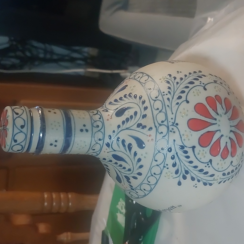 Decorative Grand Mayan Ceramic Bottle with Red /Blue Floral Design (EMPTY) 750ml